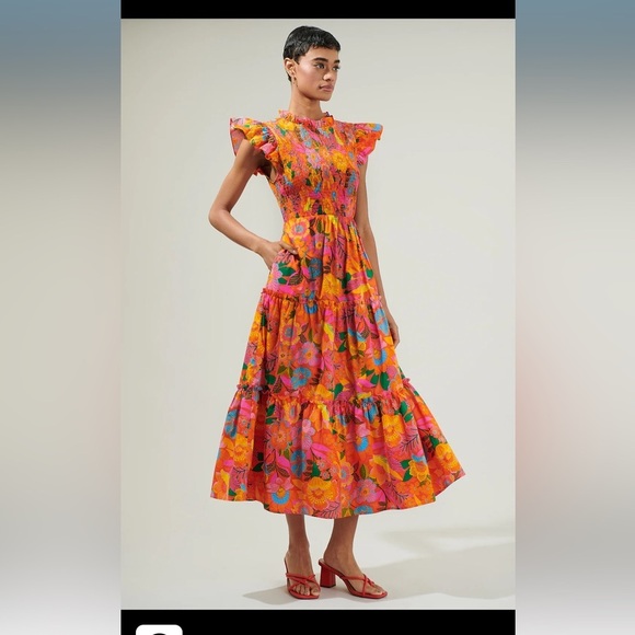 SugarLips Idalia Floral Smocked Midi Dress Orange Mutli - Picture 5 of 7